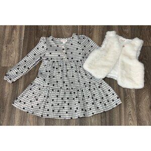 CAT & JACK GIRL TODDLER 3T STARS PRINT LONG SLEEVE DRESS- FAUX FUR VEST PARTY